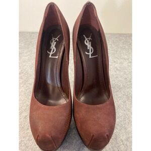 Yves Saint Laurent YSL Tribtoo Burgundy Suede Platform Pumps Authentic Woman 8